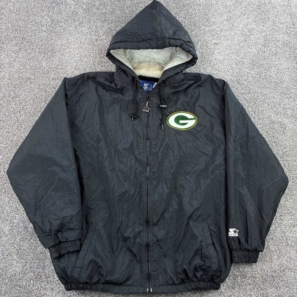 Vintage Green Bay‎ Packers Jacket Mens XL Black Hooded Puffer NFL Football